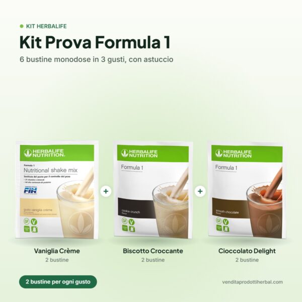 Kit Prova Formula 1 – contenuto: Vaniglia Crème, Biscotto Croccante, Cioccolato Delight